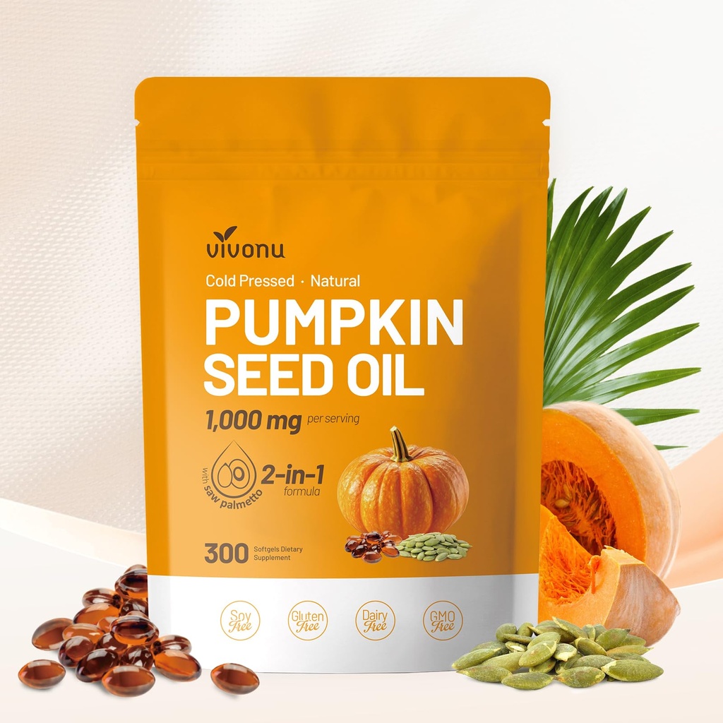 VivoNu Pumpkin Seed Oil with Saw Palmetto Capsules | Cold Pressed, Pure Virgin Oil, Essential Fatty Acids & Phytosterols | 300 SoftgelsSupports Hair, Urinary, Bladder & Prostate Health | Non-GMO