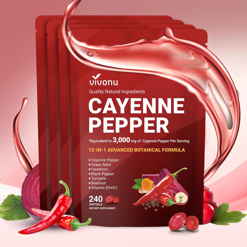 VivoNu Cayenne Pepper Softgels Supplement, Supports Leg Vein, Heart and Blood Vessel Health, with Vitamin E D3+K2 and Extracts of Grape Seed, Hawthorn, Beetroot, Berberine and Other