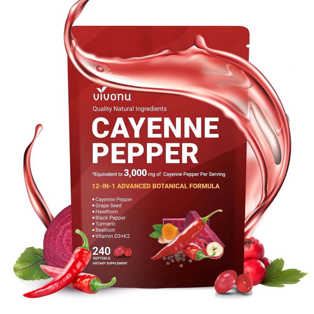 Cayenne Pepper Supplement, Supports Leg Vein, Heart and Blood Vessel Health, with Turmeric, Cinnamon, Vitamin E D3 K2 & Extracts of Grape Seed, Hawthorn, Beetroot, Berberine and Other (240 Capsule)