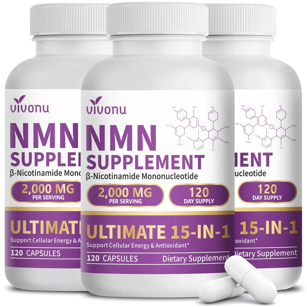 VivoNu 15-in-1 Liposomal NMN Supplement, 2000mg per* Serving* (3 Bottles | 360 Capsules)