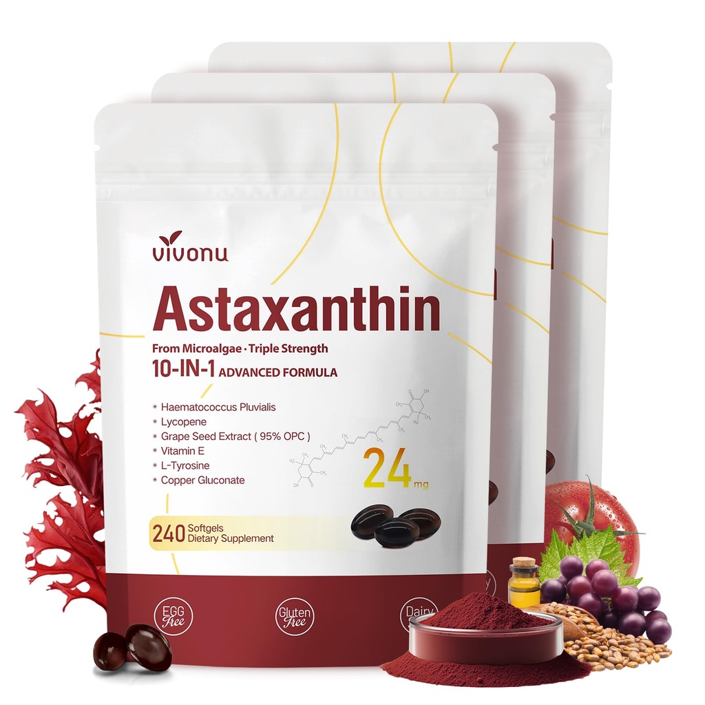 VivoNu Astaxanthin 24mg – Powerful Antioxidant Support for Skin, Eyes & Immune System – 10-in-1 Formula with Lycopene, Grape Seed, Vitamin E & Zinc – Triple Strength, 720 Softgels, 3 Bag