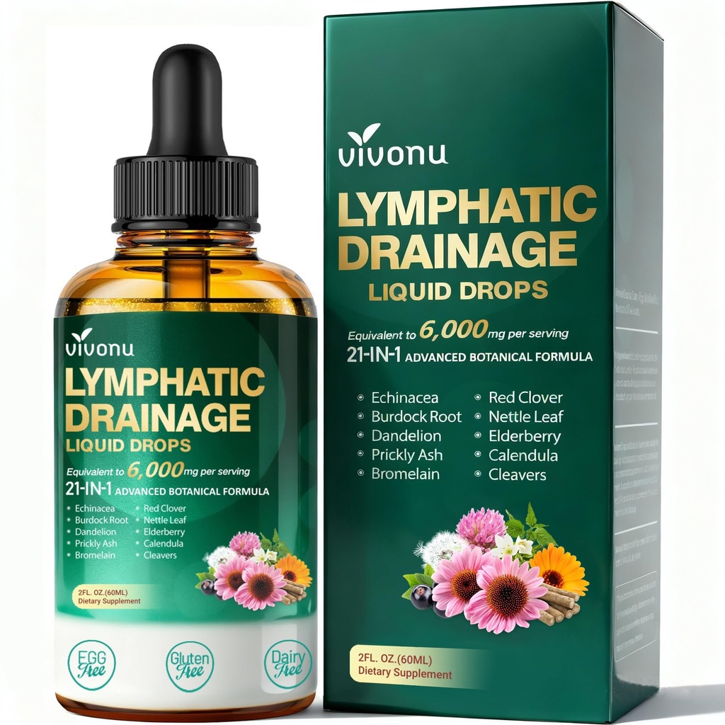 VivoNu 21-in-1 Liposomal Lymphatic Drainage Drops – Advanced Herbal Detox & Immune Booster with Echinacea, Burdock Root, Elderberry & Seaweed Extract – 6000mg High Potency, 2 fl oz
