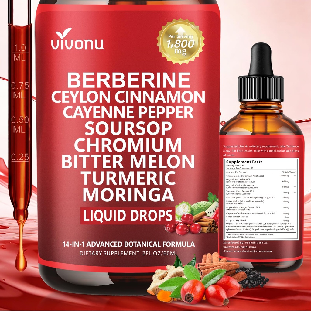 VivoNu 14-in-1 Berberine Liquid Drops – 1800mg High Strength with Ceylon Cinnamon, Chromium, Bitter Melon, Cayenne, Black Pepper, Soursop & Glucomannan – Botanical Dietary Supplement, 2 fl oz