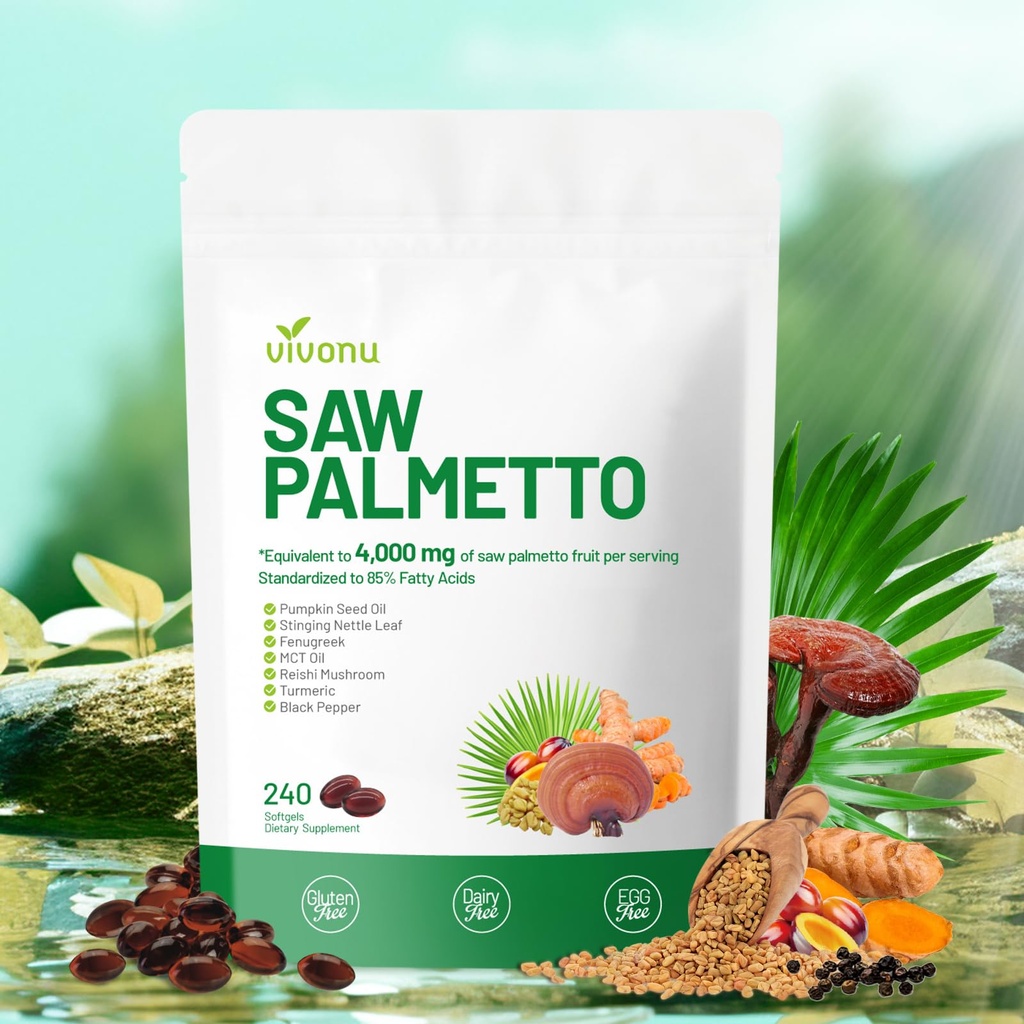 VivoNu Saw Palmetto Softgels Extract 8 in 1, Pumpkin Seed Oil,Supports Prostate Health, Relieves Urination Issues, Supports Hair Growth, DHT Blocker 240 Capsules