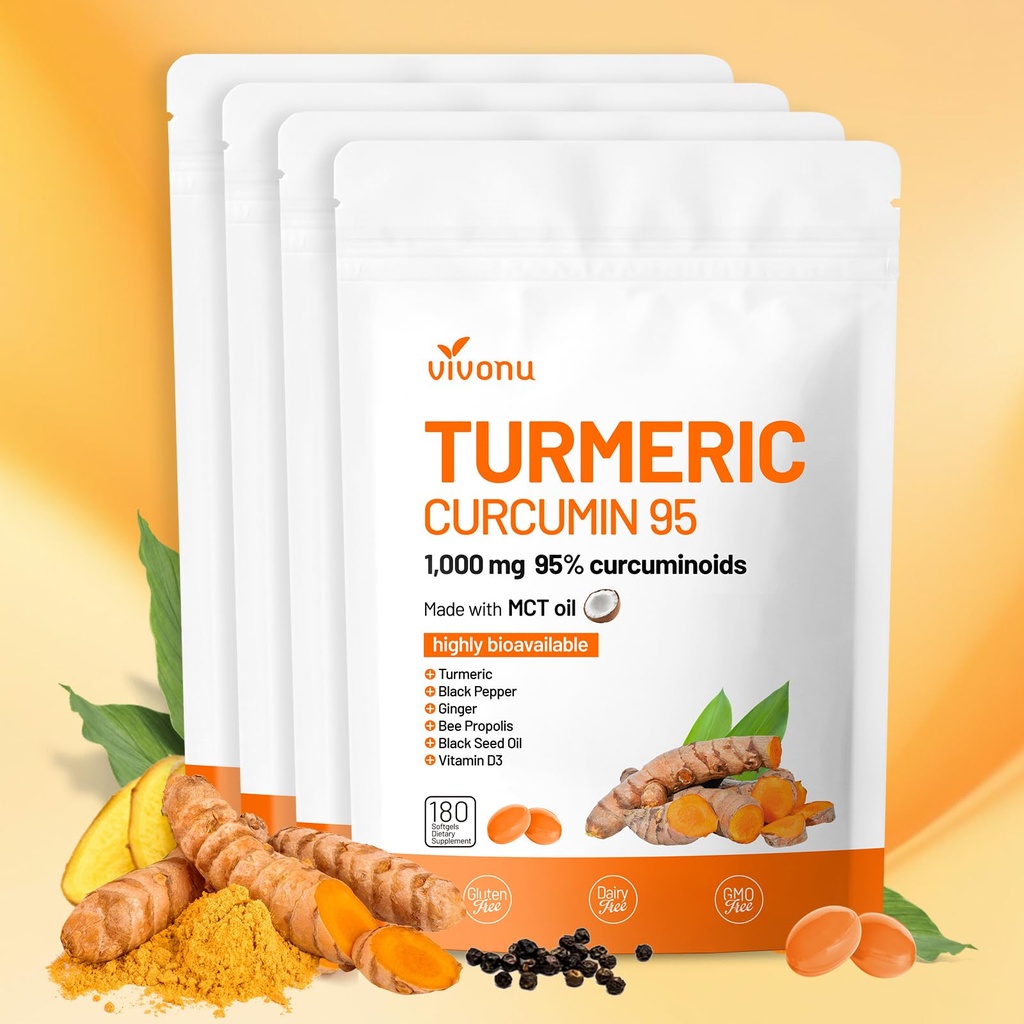 10-in-1 Turmeric Supplement Softgels, 95% Curcumin for 1000mg, Made Mct Oil, 60-Day Supply with Black Pepper, Ginger, Propolis Powder, Black Seed Oil, Saw Palmetto Oil, Zinc, Vitamin D3, E, More 4 Bag