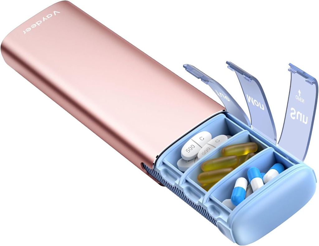 Vaydeer Metal Travel Pill Organizer, 7 Day Weekly Pill Box, Μεγάλη Χωρητικότητα Καθημερινή Χαριτωμένη περίπτωση Χάπια για Συμπληρώματα, Χάπια, Βιταμίνες και Φάρμακα (Μικρό, Rose Gold)