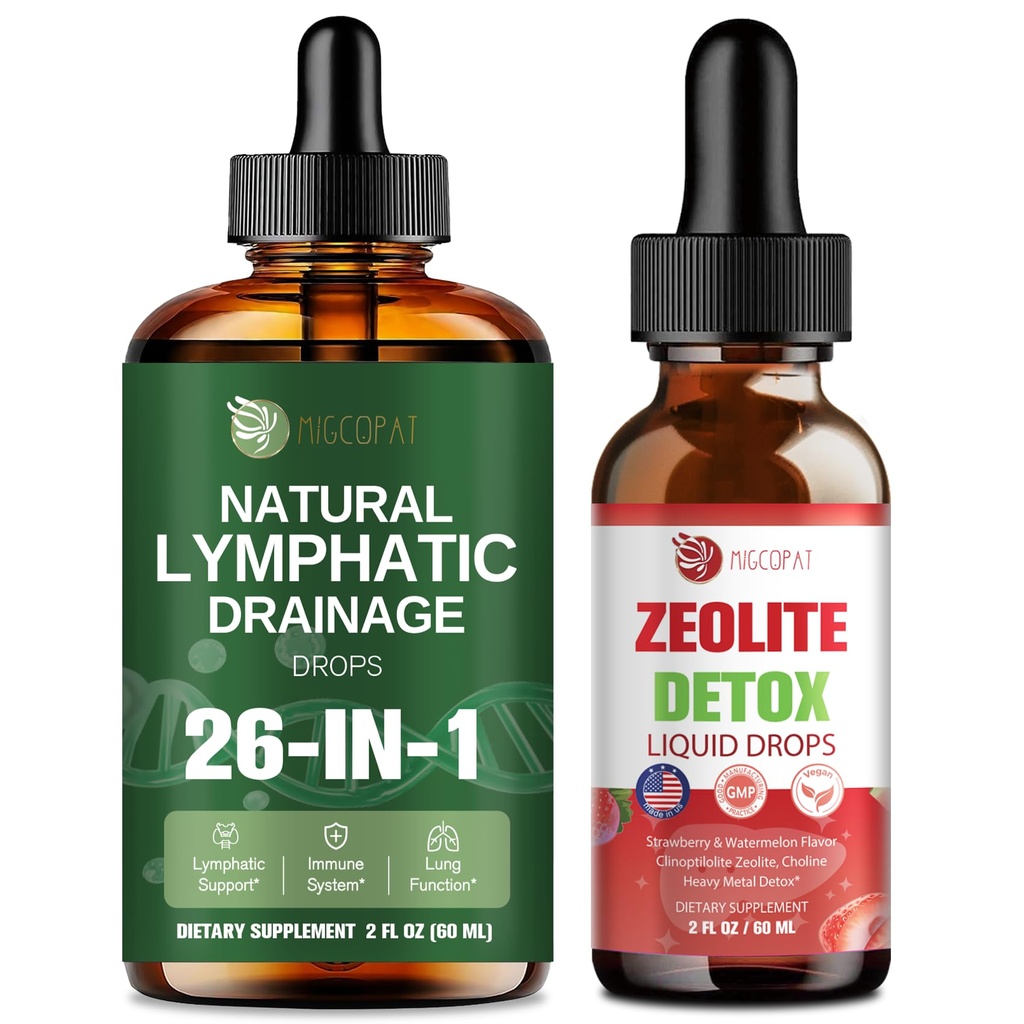 Migcopat 26-in-1 Lymphatic Drainage Drops + Zeolite Liquid Drops with B12, D3, Vitamin C, Natural Zeolite Formula, Strawberry Watermelon Flavor, 60ml