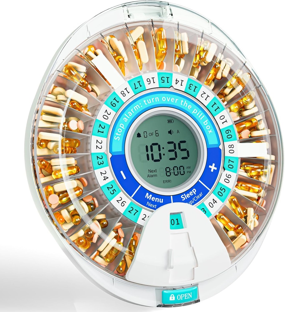 Ανεμοστρόβιλος Αυτόματος Διανομέας Χάπια για Ηλικιωμένους, Ηλεκτρονικός Μηνιαίος Διοργανωτής Χάπια με Συναγερμό & Φως, 28 ημέρες Smart Κλείδωμα Φαρμακευτική μηχανή, Χρονική Μηχανή Διανομής Χάπια για Συνταγές & Βιταμίνες