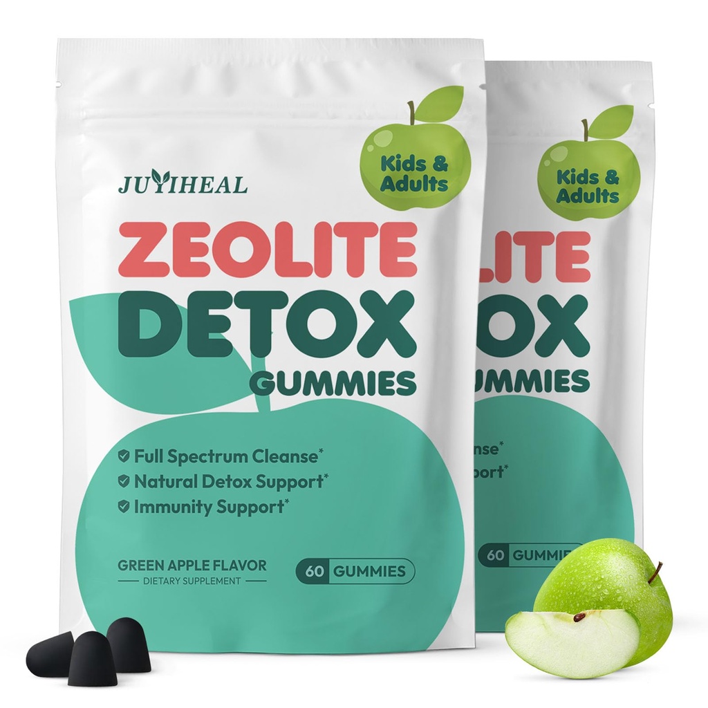 Zeolite Detox for Kids & Adults, 350mg Zeolite & 300mg Chlorella Detox Gummies Gentle Body Toxin Cleanse, 60 Gummies, Green Apple 2Pack