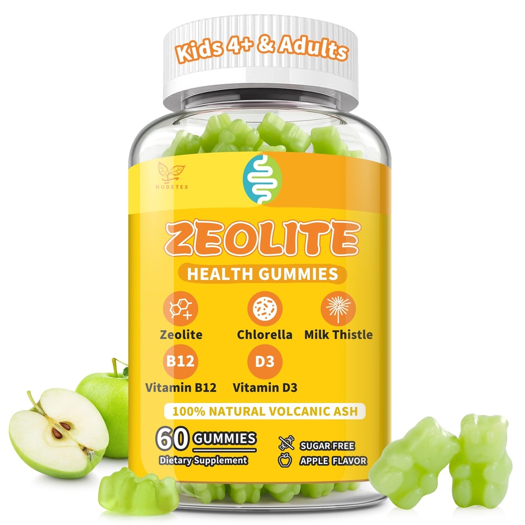 Zeolite Gummies for Kids,Women and Adults, Pure Zeolite Clinoptilolite, Chlorella, Milk Thistle & Vitamins-Heavy Metal, Focus, Gut & Immune Support, Vegan, Sugar Free, Apple Flavor, 60 Count