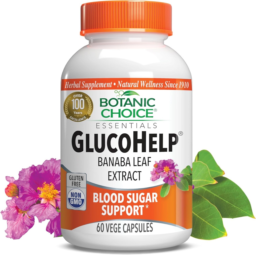 Botanic Choice Gluco Βοήθεια Banaba Leaf Extract-Gluten Free, Μη ΓΤΟ για άνδρες & γυναίκες, 60 κάψουλες