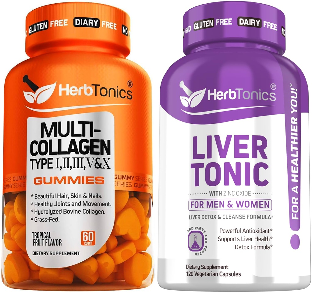 Herbtonics Multi Collagen Gummies Type 1,2,3,5 & 10 with Biotin for Hair Growth, Skin, Nails - Liver Cleanse Detox & Repair Formula with Milk Thistle - Artichoke and 24 Herbs Liver Health Support