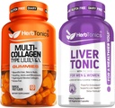 Herbtonics Multi Collagen Gummies Type 1,2,3,5 & 10 with Biotin for Hair Growth, Skin, Nails - Liver Cleanse Detox & Repair Formula with Milk Thistle - Artichoke and 24 Herbs Liver Health Support