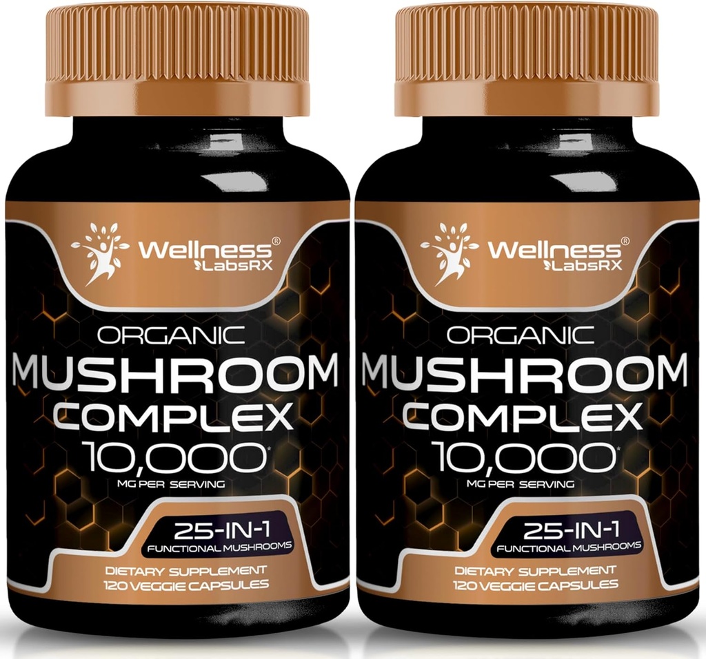 WELNESS LABSRX Συμπληρώματα μανιταριών κάψουλες 10:1 Extract, Mushroom Complex κάψουλες 1000mg, Lions Mane συμπλήρωμα με Turkey Tail, Cordyceps, Reishi - 2 Pack