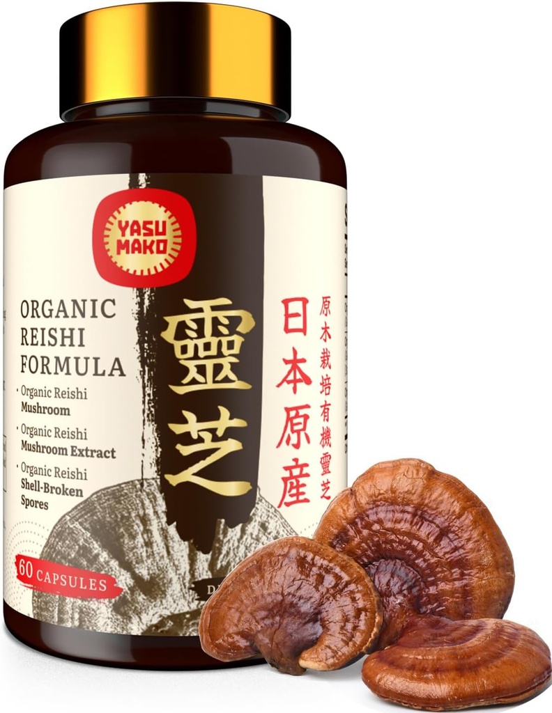 Japanese Reishi Mushroom Supplement 800mg with Reishi Mushroom Extract 500mg & Shell-Broken Spores 200mg, Organic Mushroom Caps for Immune System - Real Fruiting Body (Pack of 1)