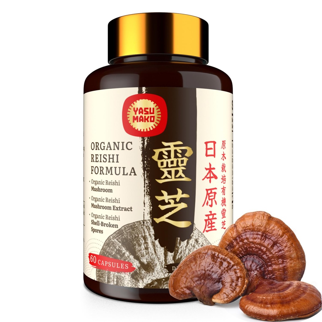 Japanese Reishi Mushroom Supplement 800mg with Reishi Mushroom Extract 500mg & Shell-Broken Spores 200mg, Organic Mushroom Caps for Immune System - Real Fruiting Body (Pack of 1)