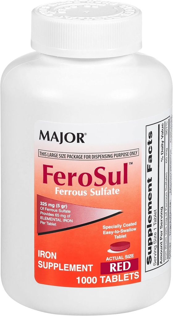 Major FeroSul - Σιδήρου Sulfate 325 mg δισκία - Συμπλήρωμα σιδήρου για γυναίκες και άνδρες - Ειδικά επιχρισμένα δισκία Easy- to-Swallow - Red - 1000 Tabletισκία