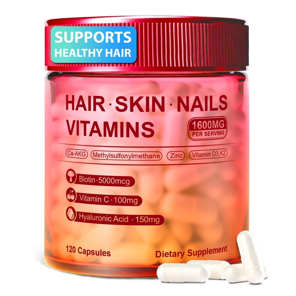 Hair Skin and Nails Vitamins – Biotin, Hyaluronic Acid, Calcium AKG, Vitamin C & Vitamin D3 K2 – Support Healthy Hair Growth, Strong Nails & Radiant Skin - 120 Capsules (1 Pack)