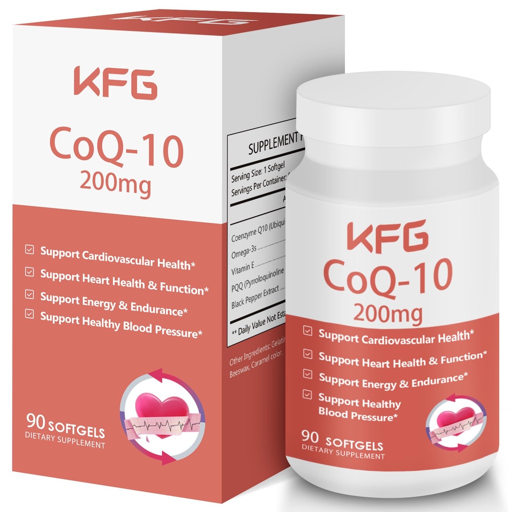 KFG CoQ10 200mg Softgels, Coenzyme Q10 Supplements Support Heart Health, Cardiovascular Health, Immune System & Cellular Energy Production, Gluten Free