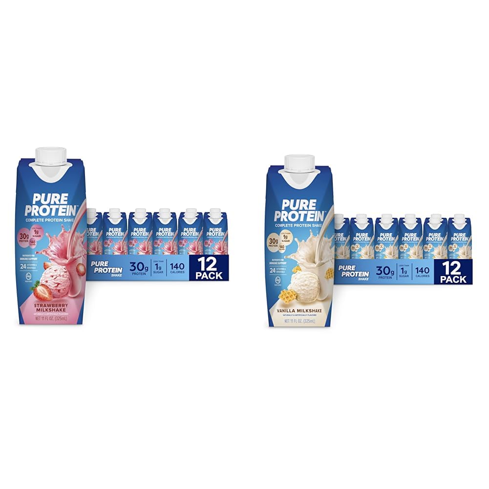 Pure Protein Strawberry and Vanilla Protein Shakes, 30g Complete Protein, 11oz Bottles, 12 Pack Bundle