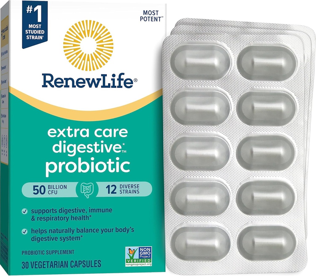 Renew Life Extra Care Go-Pack Probiotic Κάψουλες, Καθημερινή Συμπληρώματα Υποστηρίζει Ανοσοποιητική, Πεθητική και Αναπνευστική Υγεία, L. Rhamnosus GG, Γαλακτοκομικά, Σόγια και Χωρίς Γλουτένη, 50 Δισεκατομμύρια CFU, 30 Ct