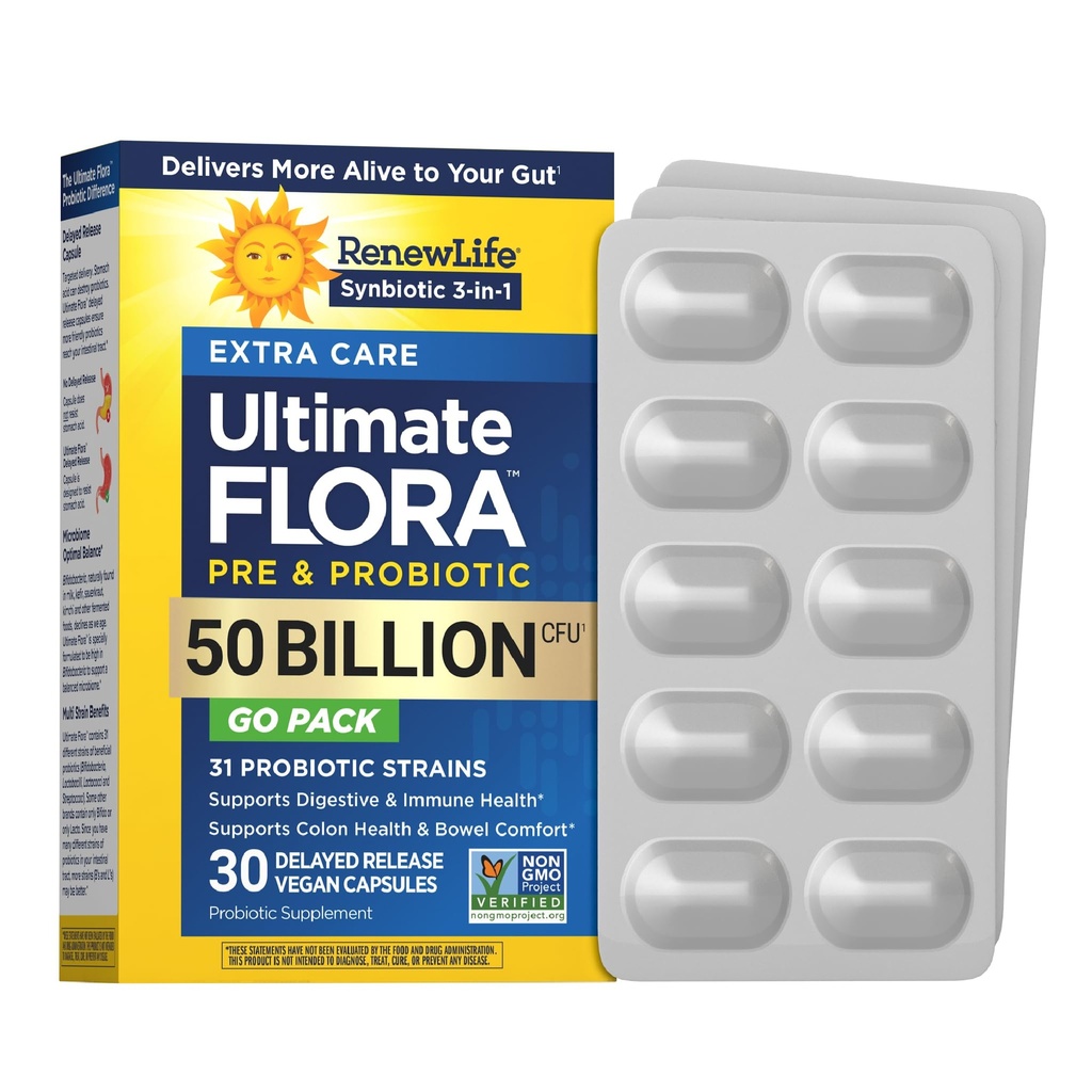 Renew Life Extra Care Go-Pack Probiotic Κάψουλες, Καθημερινή Συμπληρώματα Υποστηρίζει Ανοσοποιητική, Πεθητική και Αναπνευστική Υγεία, L. Rhamnosus GG, Γαλακτοκομικά, Σόγια και Χωρίς Γλουτένη, 50 Δισεκατομμύρια CFU, 30 Ct