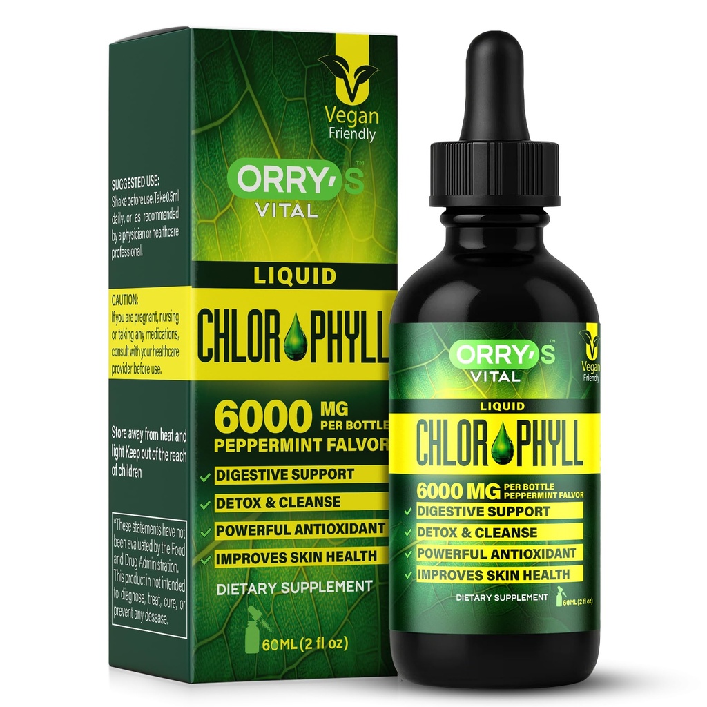 Orry's Vital Organic Chlorophyll Liquid Drops 6000mg – Liquid Chlorophyll Supplement with Mint Flavor for Digestion, Energy & Skin - Vegan Internal Deodorant to Detox Full Body – 4 Months Supply