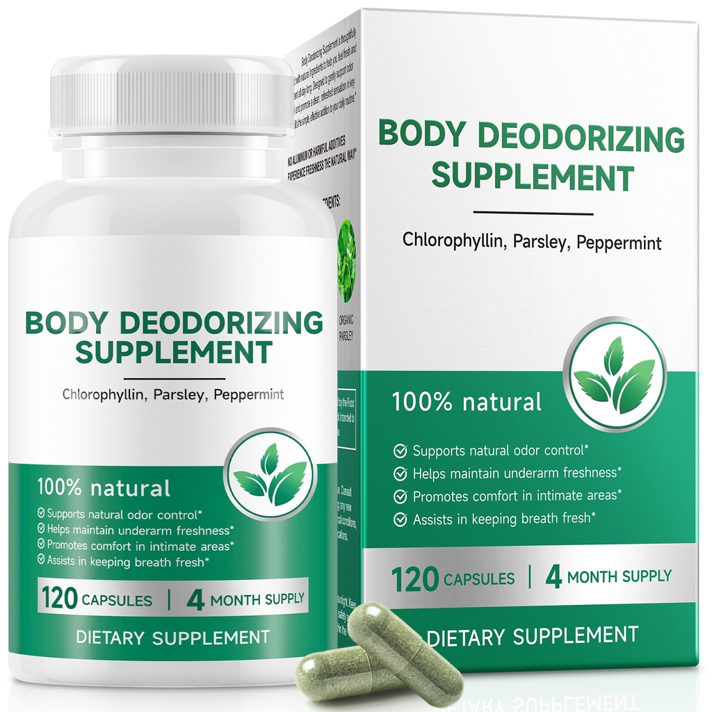 Chlorophyll Capsules Internal Deodorant Supplement, Natural Body Odor Control for Whole Body Freshness, Chlorophyll with Parsley & Mint for Breath, Gut & Digestive Support, Vegan, 120 Capsules