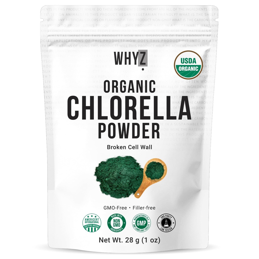 Organic Chlorella Powder, 1 oz, Rich in Vegan Protein & Chlorophyll, Raw Premium Chlorella Supplement, Vegan Friendly, Non-GMO, 14 Servings