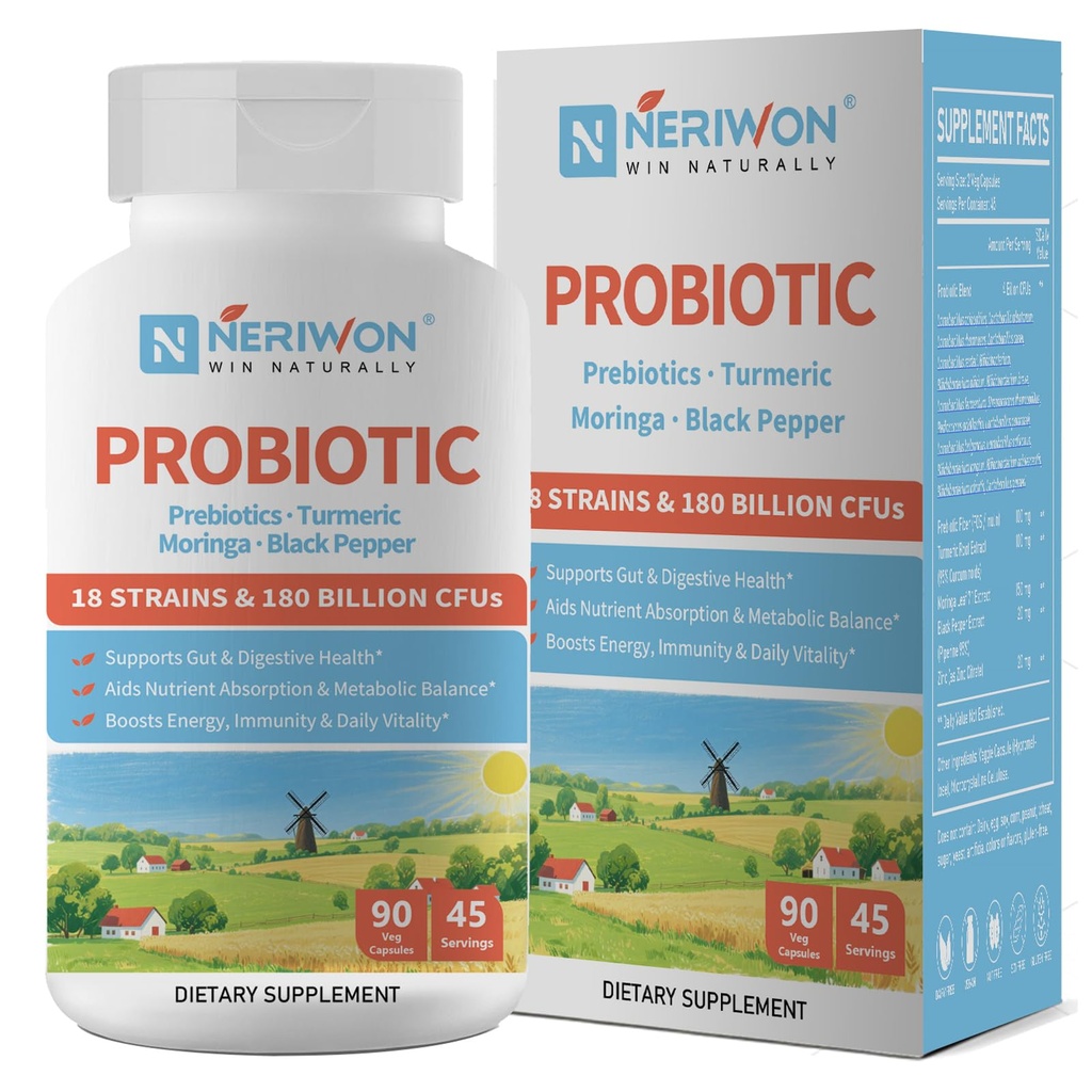 Probiotics 180 Billion CFU 18 Strains for Women & Men, Digestive Health, Gas & Bloating Relief, Immune Support, Shelf Stable, Non-GMO, Gluten Free, 90 Veggie Capsules