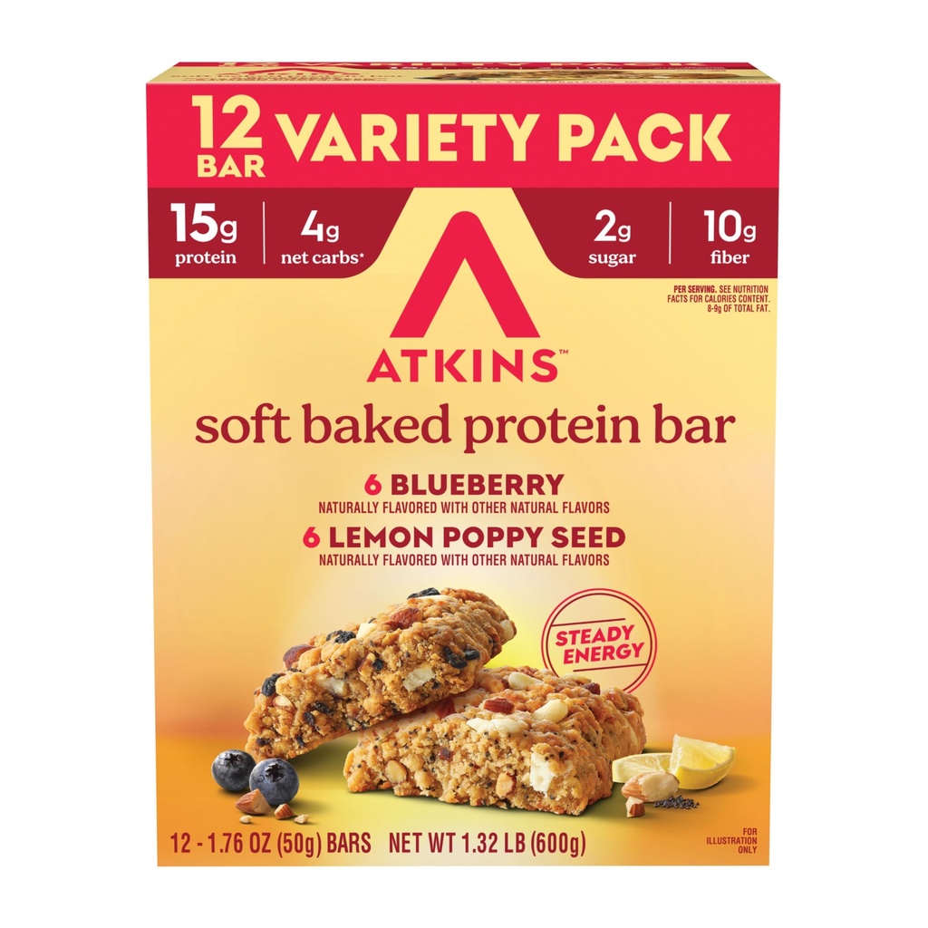 Atkins Soft Baked High Protein Bars, Lemon Poppyseed & Blueberry Flavors, 15g Protein, 4g Net Carbs, 2g Sugar, Keto Snacks, Low Sugar Protein Bars, High Fiber Snacks, 12 pk (6 bars each flavor)