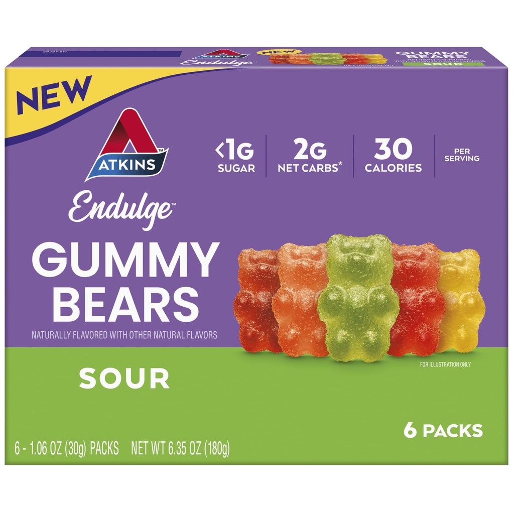 Atkins Endulge Sour Gummy Bears, Low Sugar, Keto Candy, 6 Count