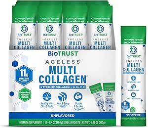 BioTrust Ageless Multi Collagen Peptides σκόνη – Τύποι I, II, III, V, X – Unflaved Collagen σκόνη για γυναίκες & άνδρες – Υδρολυμένη πρωτεΐνη– Grass Fed Beef, Ψάρια, Κοτόπουλο, Eggshell Membrane (16 πακέτα)