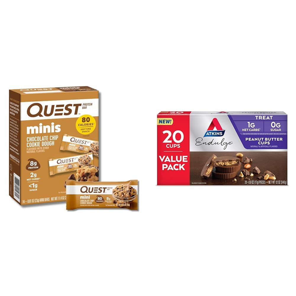 Quest Mini Chocolate Chip Cookie Dough Protein Bars 14 Count & Atkins Peanut Butter Cups Dessert Favorite 20 Count