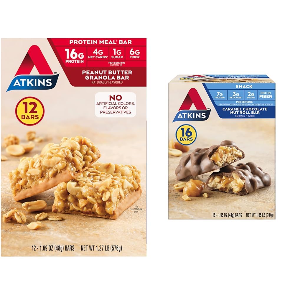 Atkins Peanut Butter Granola Protein Meal Bar, High Fiber, 16g Protein, 1g Sugar, 4g & Caramel Chocolate Nut Roll Snack Bar, Protein Snack, High in Fiber, 2g Sugar, 16 Count