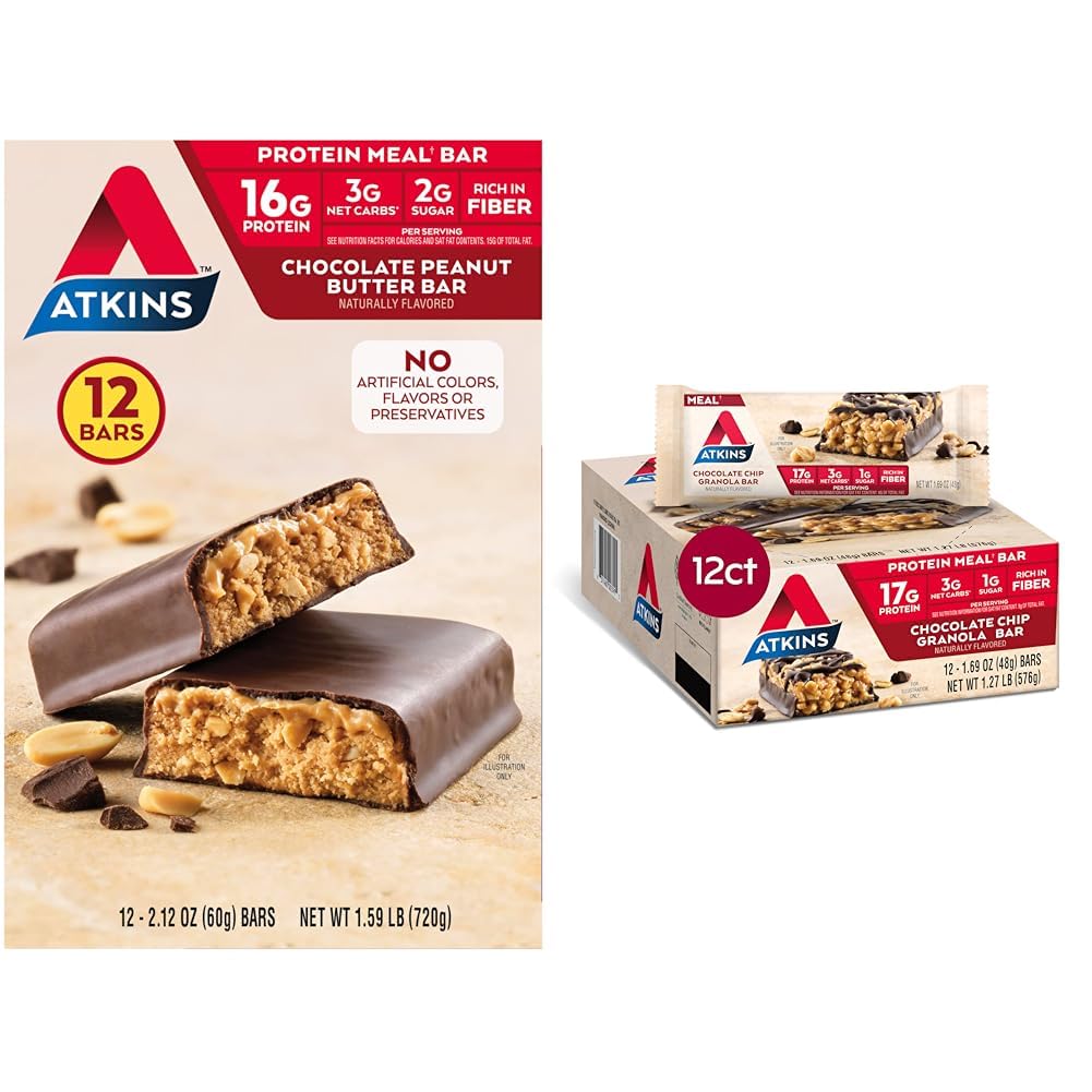 Atkins Chocolate Peanut Butter & Chocolate Chip Granola Protein Meal Bars, High Fiber, 16-17g Protein, 1-2g Sugar, 3g Net Carbs, 12 Count