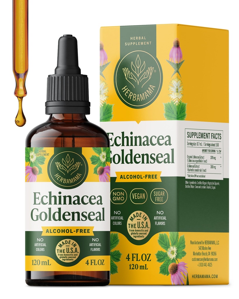 HERBAMAMA Echinacea Goldenseal Tincture - Vegan Immune & Respiratory Support with Echinacea and Goldenseal Root Extract - Non-GMO, Alcohol & Sugar-Free Supplement, 56-Day Supply