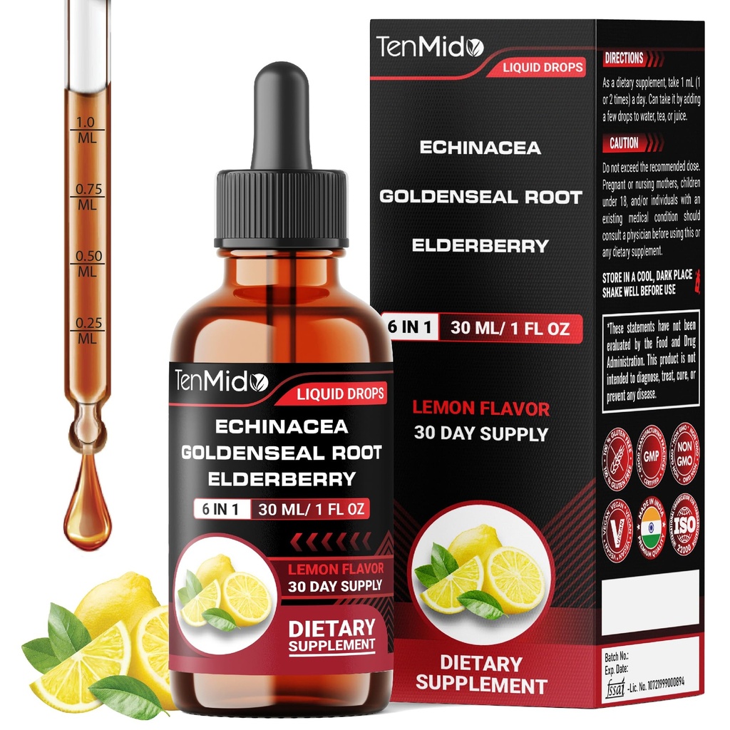 Echinacea Goldenseal Tincture - 6in1 with Vitamin D3, Vitamin C, Zinc, and Elderberry - Immune System Support - Vegan, Non-GMO - 30ml 1 Fl Oz