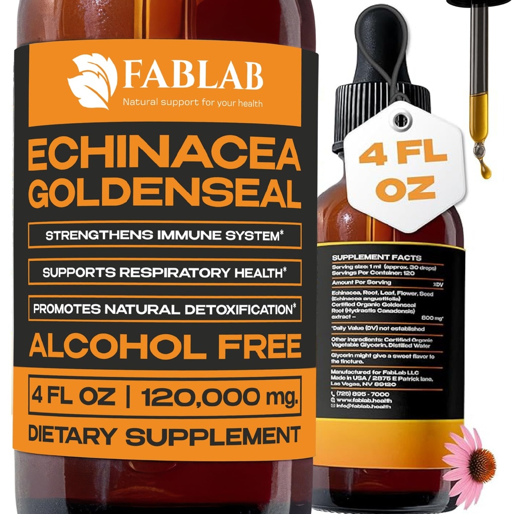 Echinacea and Goldenseal Root Liquid Extract - Natural Immune Support - Echinacea Drops with Goldenseal - Alcohol & Sugar Free Tincture - 4 Fl.Oz.