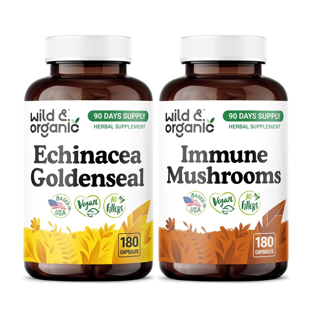 Wild & Organic Echinacea Goldenseal 180 Capsules & Immune Mushrooms 180 Capsules