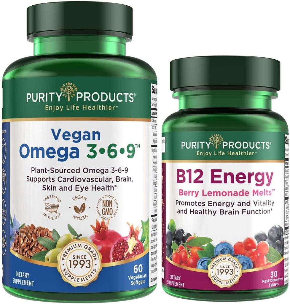 Προϊόντα καθαρότητας Bundle - Vegan Omega 3-6-9 + B-12 Energy Melt Omega 3-6-9 (“5 in 1”) Φυτικό Ωμέγα 3 6 9 Ουσιαστικό σύμπλεγμα λιπαρών οξέων) - B12 Berry Melt (Methylcobalamin B12 + B6 + D3 + More)