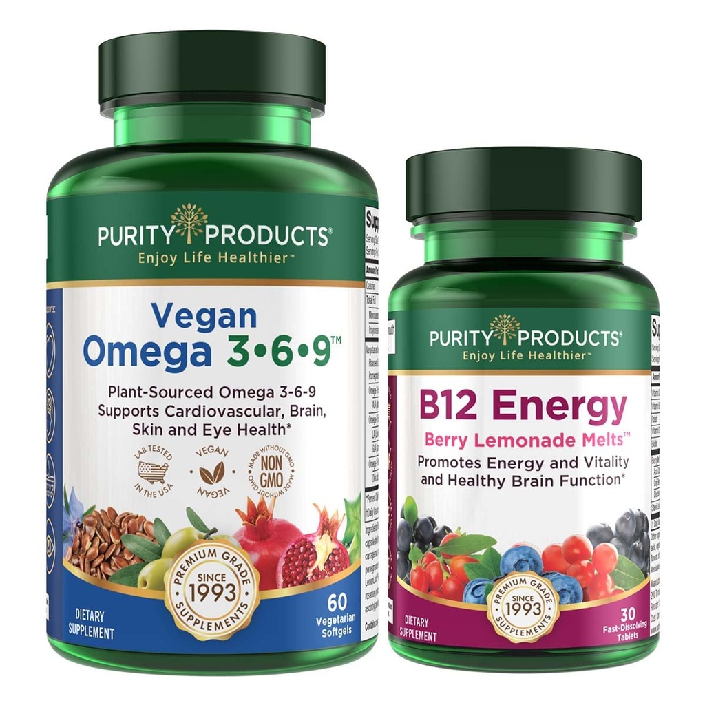 Προϊόντα καθαρότητας Bundle - Vegan Omega 3-6-9 + B-12 Energy Melt Omega 3-6-9 (“5 in 1”) Φυτικό Ωμέγα 3 6 9 Ουσιαστικό σύμπλεγμα λιπαρών οξέων) - B12 Berry Melt (Methylcobalamin B12 + B6 + D3 + More)