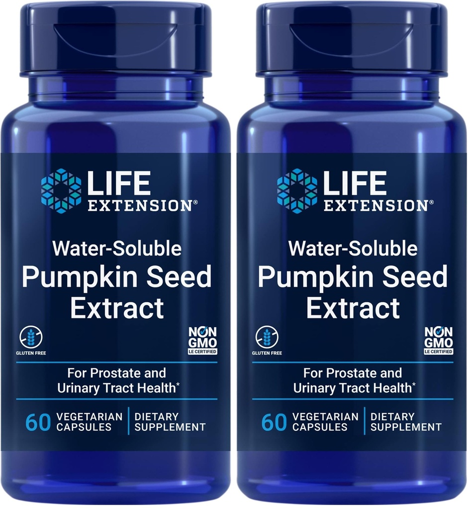 Life Extension Water-Soluble Pumpkin Seed Extract, Promotes Prostate & Urinary Tract Health, Bladder Health Support, Men, Women, Gluten-Free, Non-GMO, Vegetarian, 60 Capsules, (Pack of 2)