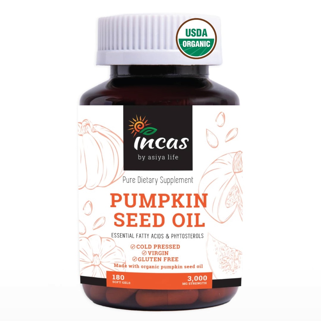 INCAS Organic Certified Pumpkin Seed Oil, 3,000mg Per Serving, 180 Softgels | Cold Pressed, Pure Virgin Oil, Herbal Supplement | Supports Urinary, Bladder & Prostate Health | Non-GMO