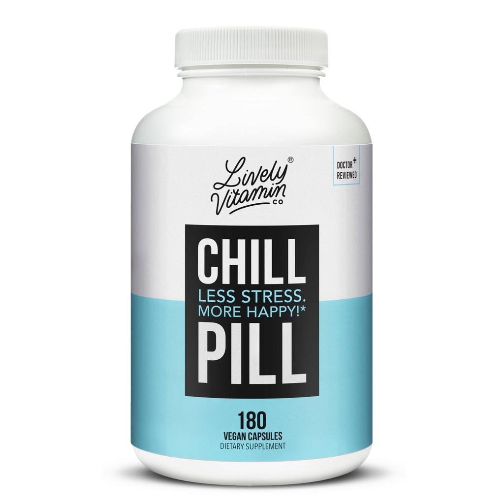 LIVELY VITAMIN CO. Chill Pill - Calm Mood - Relax - Restful Deep Sleep - REM - Stress - Anxiousness - Magnolia Bark - Chamomile - L-Theanine - Passionflower - 5-HTP - 90 Vegan Capsules