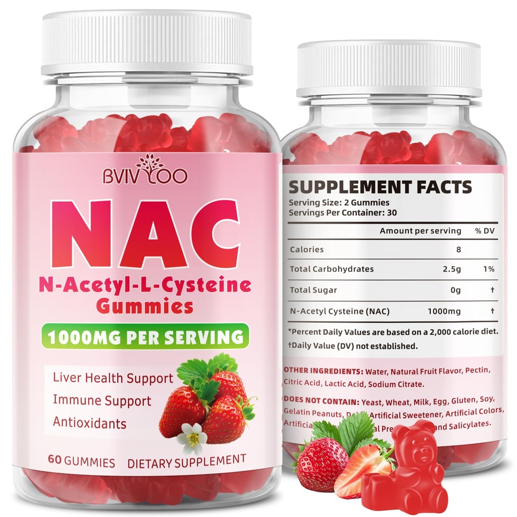 Sugar-Free 1000mg NAC Gummies, N-Acetyl Cysteine Supplement for Antioxidants & Immune Support, 60 Vegan Gummies