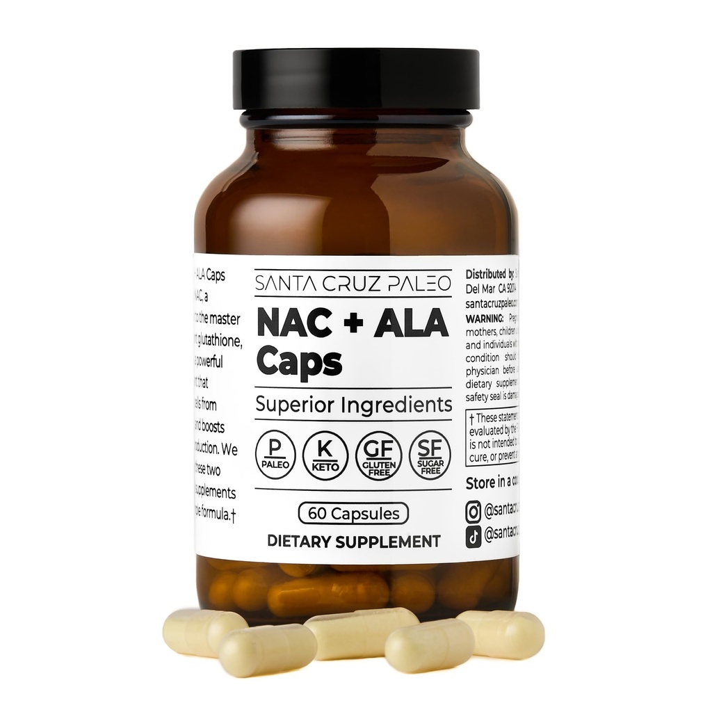 Santa Cruz Paleo, NAC + ALA Caps, NAC Supplement and Antioxidant Complex with Alpha Lipoic Acid and N-Acetyl Cysteine, Cellular Support and Nutrient Balance, Gluten Free, Keto, Paleo, 60 Capsules
