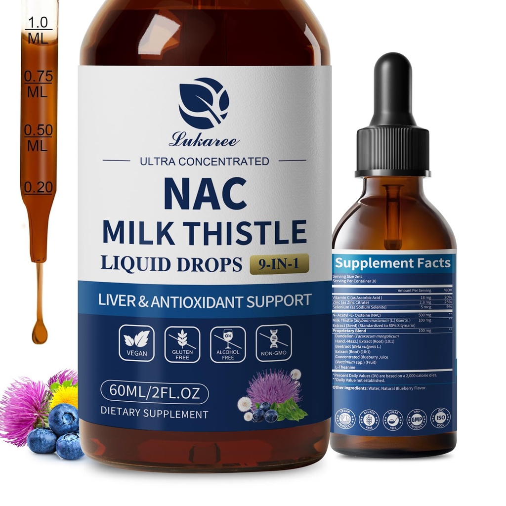 Lukaree NAC Supplement 600mg w/Milk Thistle -Liposomal NAC N-Acetyl-L-Cysteine Liquid Drops w/Selenium for Liver Detox Support, Antioxidants, Brain Wellness & Immune Support* -Ultra-Concentrated -2oz