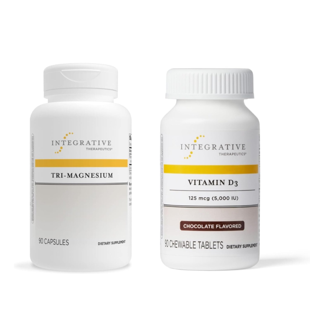 Ολοκληρωτικά Θεραπευτικά Δεθείτε με Tri-Magnesium, 90 Κάψουλες & Βιταμίνη D3 125 mcg, 90 Αρώματα Μασώμενα - Υποστηρίζει τη λειτουργία της καρδιάς & την υγεία των οστών* - Υποστήριξη για την υγεία των οστών
