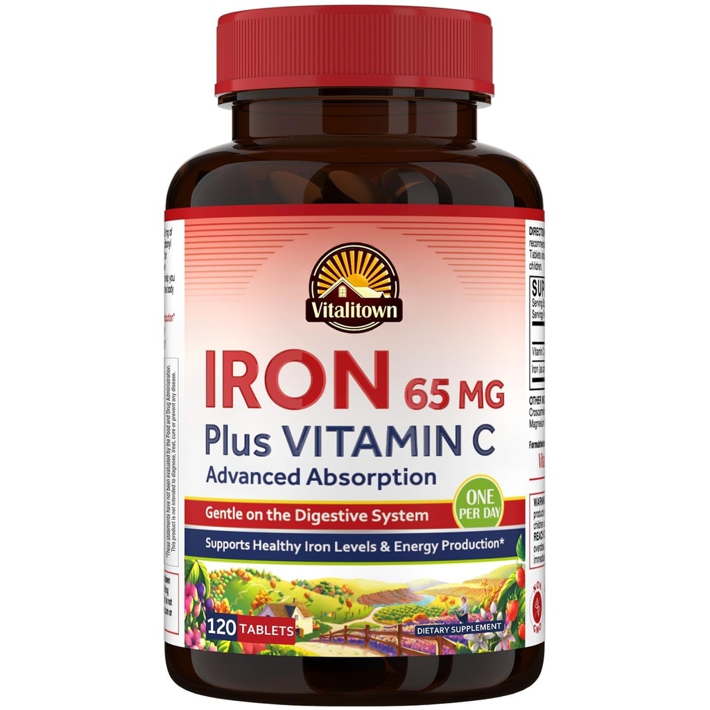 Vitalitown Iron Supplement for Women Men, High Potency 65mg Iron with Vitamin C 250mg, Less Constipating, Better for Blood Building & Energy Improvement, No Gluten, Non-GMO,120 Vegan Iron Pills